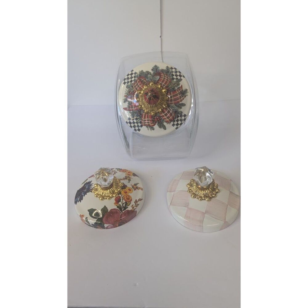 MacKenzie-Childs 1 Gallon Glass Cookie Jar Set 3 Interchangeable Lids Rosy Check